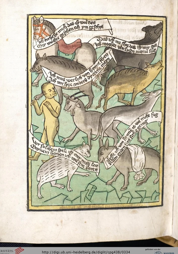 An illustration from 'Heidelberger Bilderkatechismus' (Handschrift) ; Biblia pauperum (Blockbuch) ; Totentanz (Blockbuch) u.a., 1455, leaf 334