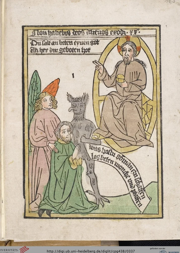An illustration from 'Heidelberger Bilderkatechismus' (Handschrift) ; Biblia pauperum (Blockbuch) ; Totentanz (Blockbuch) u.a., 1455, leaf 337