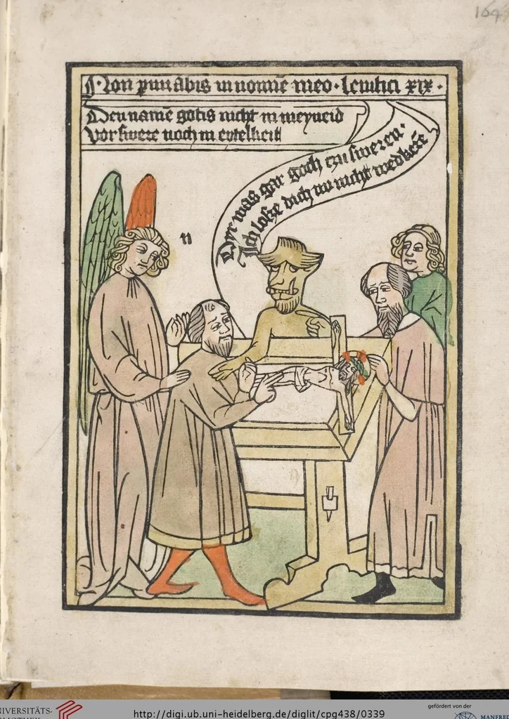 An illustration from 'Heidelberger Bilderkatechismus' (Handschrift) ; Biblia pauperum (Blockbuch) ; Totentanz (Blockbuch) u.a., 1455, leaf 339