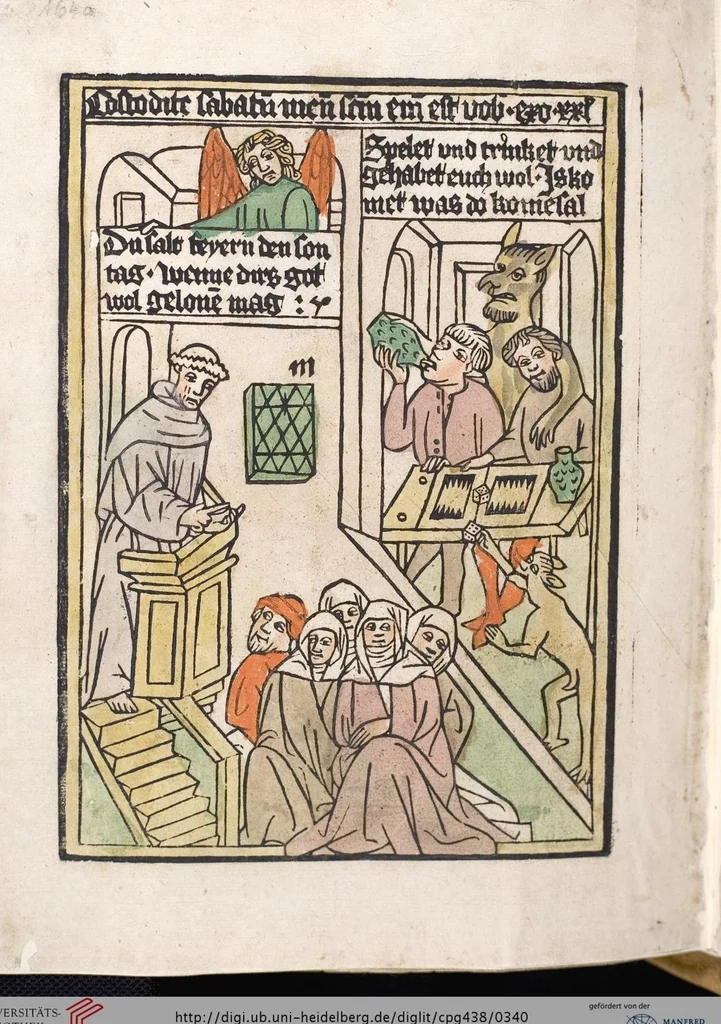 An illustration from 'Heidelberger Bilderkatechismus' (Handschrift) ; Biblia pauperum (Blockbuch) ; Totentanz (Blockbuch) u.a., 1455, leaf 340