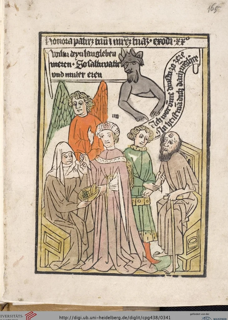 An illustration from 'Heidelberger Bilderkatechismus' (Handschrift) ; Biblia pauperum (Blockbuch) ; Totentanz (Blockbuch) u.a., 1455, leaf 341