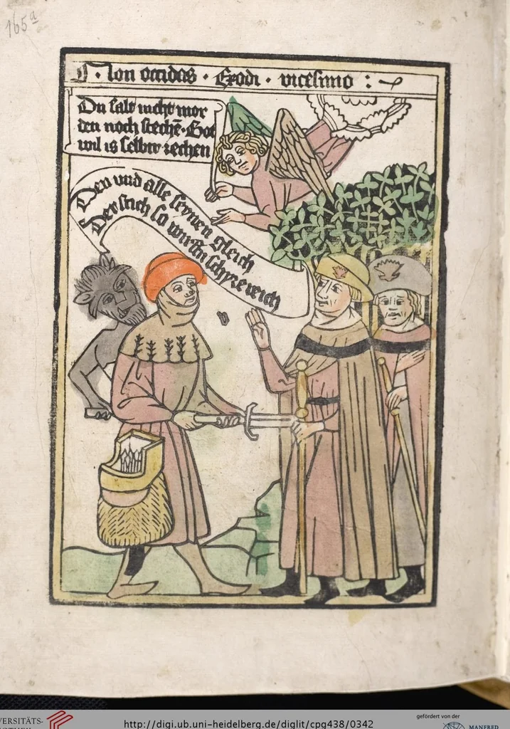 An illustration from 'Heidelberger Bilderkatechismus' (Handschrift) ; Biblia pauperum (Blockbuch) ; Totentanz (Blockbuch) u.a., 1455, leaf 342