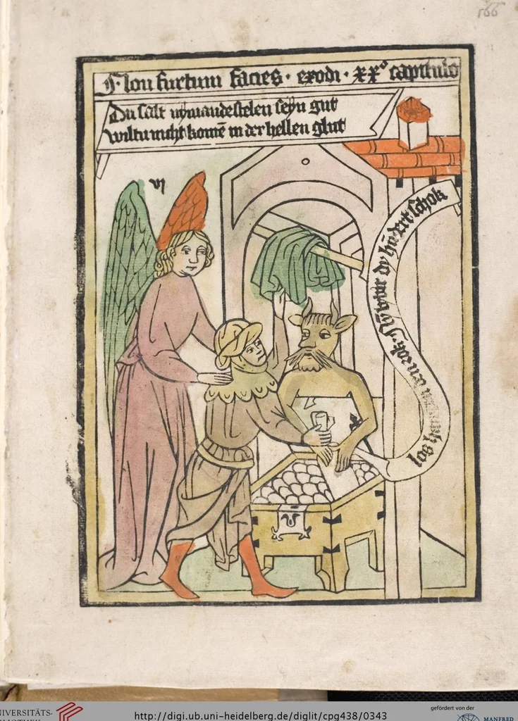 An illustration from 'Heidelberger Bilderkatechismus' (Handschrift) ; Biblia pauperum (Blockbuch) ; Totentanz (Blockbuch) u.a., 1455, leaf 343