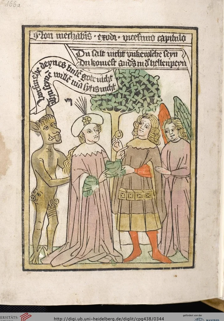An illustration from 'Heidelberger Bilderkatechismus' (Handschrift) ; Biblia pauperum (Blockbuch) ; Totentanz (Blockbuch) u.a., 1455, leaf 344