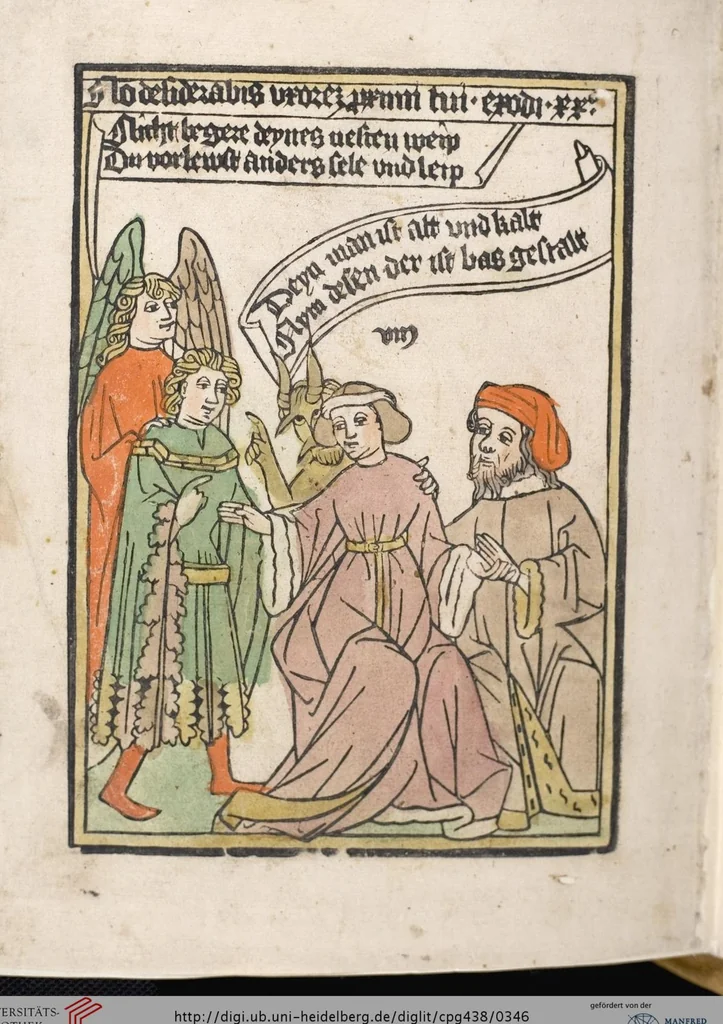 An illustration from 'Heidelberger Bilderkatechismus' (Handschrift) ; Biblia pauperum (Blockbuch) ; Totentanz (Blockbuch) u.a., 1455, leaf 346