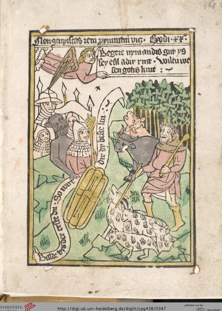 An illustration from 'Heidelberger Bilderkatechismus' (Handschrift) ; Biblia pauperum (Blockbuch) ; Totentanz (Blockbuch) u.a., 1455, leaf 347