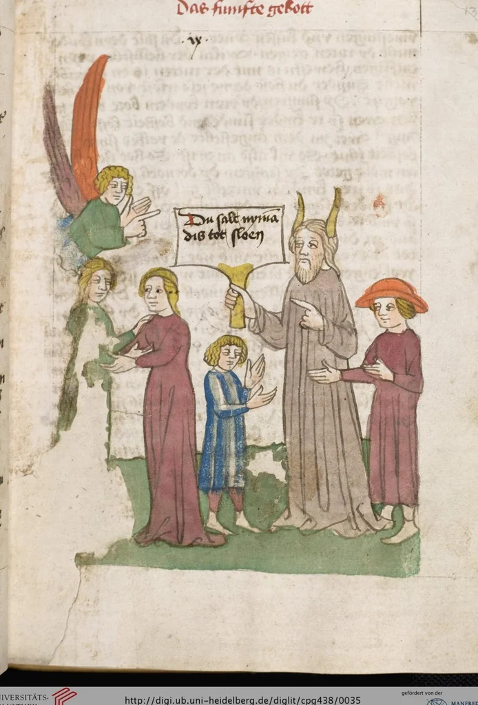 An illustration from 'Heidelberger Bilderkatechismus' (Handschrift) ; Biblia pauperum (Blockbuch) ; Totentanz (Blockbuch) u.a., 1455, leaf 35