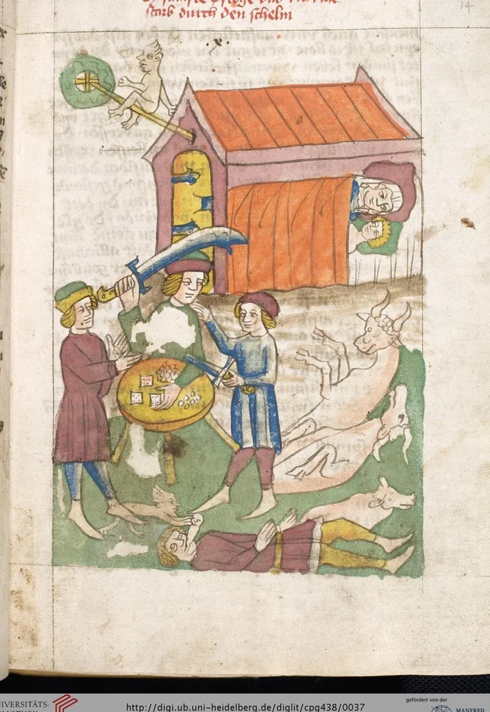An illustration from 'Heidelberger Bilderkatechismus' (Handschrift) ; Biblia pauperum (Blockbuch) ; Totentanz (Blockbuch) u.a., 1455, leaf 37