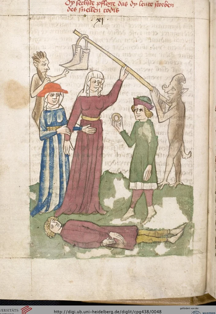 An illustration from 'Heidelberger Bilderkatechismus' (Handschrift) ; Biblia pauperum (Blockbuch) ; Totentanz (Blockbuch) u.a., 1455, leaf 48
