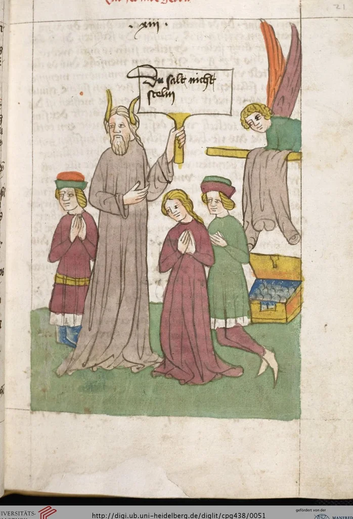 An illustration from 'Heidelberger Bilderkatechismus' (Handschrift) ; Biblia pauperum (Blockbuch) ; Totentanz (Blockbuch) u.a., 1455, leaf 51