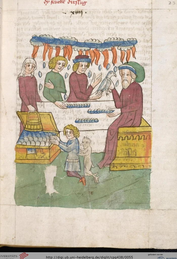 An illustration from 'Heidelberger Bilderkatechismus' (Handschrift) ; Biblia pauperum (Blockbuch) ; Totentanz (Blockbuch) u.a., 1455, leaf 55