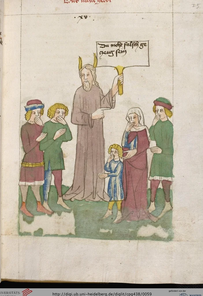 An illustration from 'Heidelberger Bilderkatechismus' (Handschrift) ; Biblia pauperum (Blockbuch) ; Totentanz (Blockbuch) u.a., 1455, leaf 59