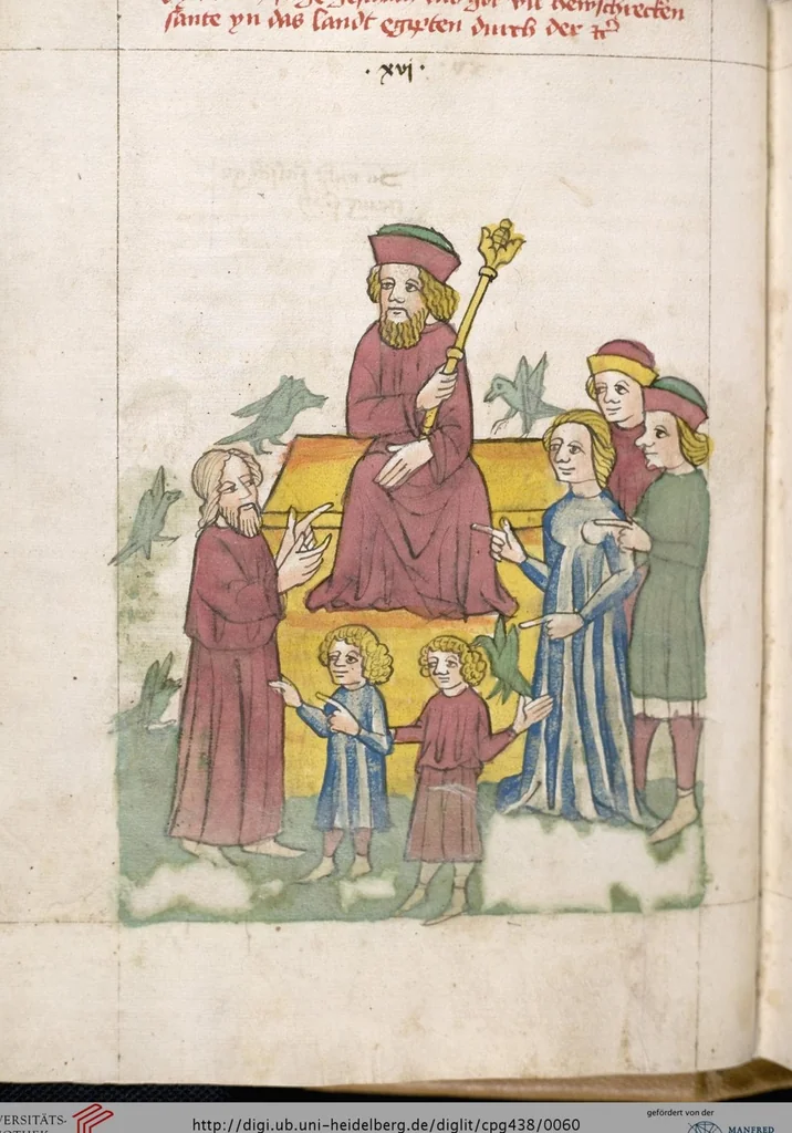 An illustration from 'Heidelberger Bilderkatechismus' (Handschrift) ; Biblia pauperum (Blockbuch) ; Totentanz (Blockbuch) u.a., 1455, leaf 60