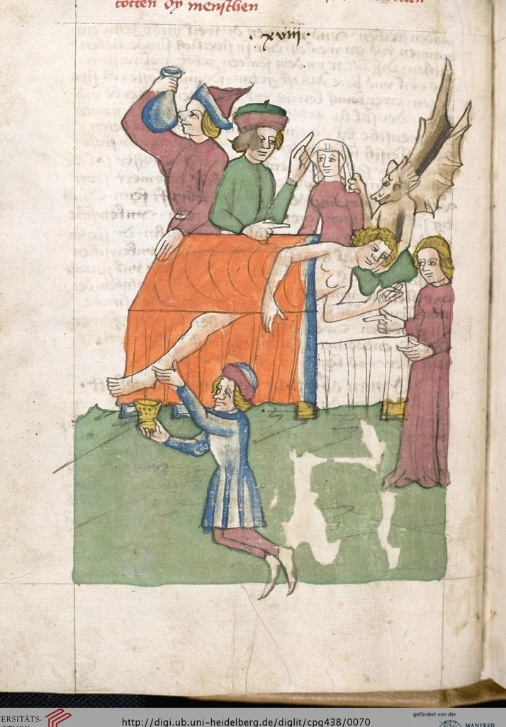 An illustration from 'Heidelberger Bilderkatechismus' (Handschrift) ; Biblia pauperum (Blockbuch) ; Totentanz (Blockbuch) u.a., 1455, leaf 70