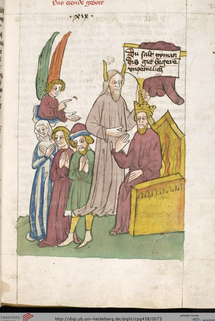 An illustration from 'Heidelberger Bilderkatechismus' (Handschrift) ; Biblia pauperum (Blockbuch) ; Totentanz (Blockbuch) u.a., 1455, leaf 73