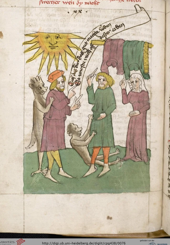 An illustration from 'Heidelberger Bilderkatechismus' (Handschrift) ; Biblia pauperum (Blockbuch) ; Totentanz (Blockbuch) u.a., 1455, leaf 76