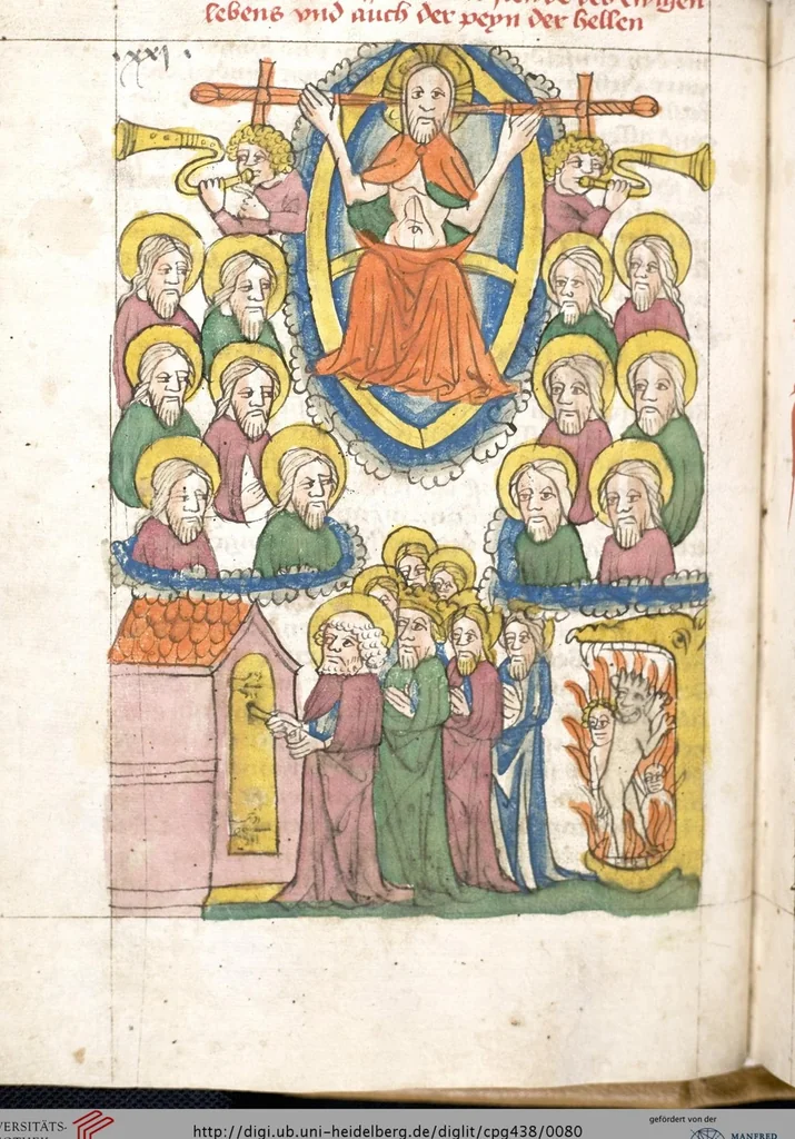 An illustration from 'Heidelberger Bilderkatechismus' (Handschrift) ; Biblia pauperum (Blockbuch) ; Totentanz (Blockbuch) u.a., 1455, leaf 80