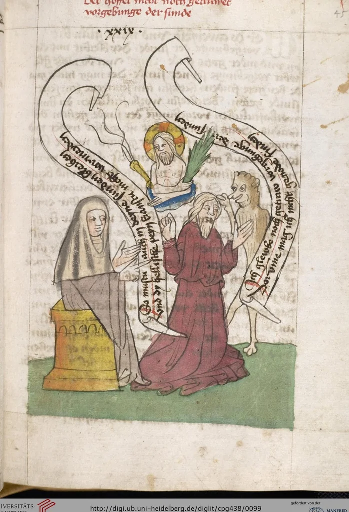 An illustration from 'Heidelberger Bilderkatechismus' (Handschrift) ; Biblia pauperum (Blockbuch) ; Totentanz (Blockbuch) u.a., 1455, leaf 99