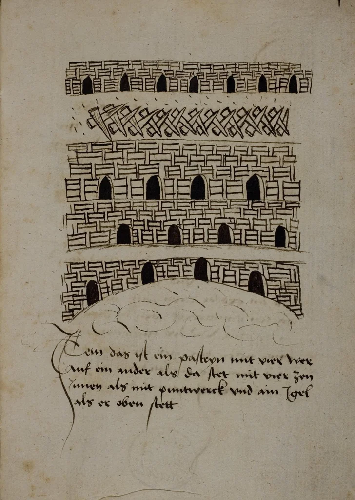 An illustration from Hanns Schermer: Über Basteibau • ‘Feuerwerkbuch von 1420’ (Auszüge) • Rezeptsammlung u.a., 1490, leaf 5