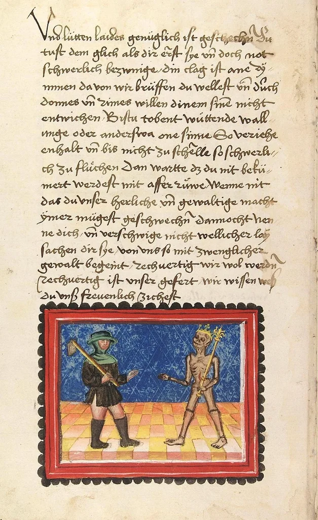 An illustration from Der Ackermann aus Böhmen, 1470, leaf 14
