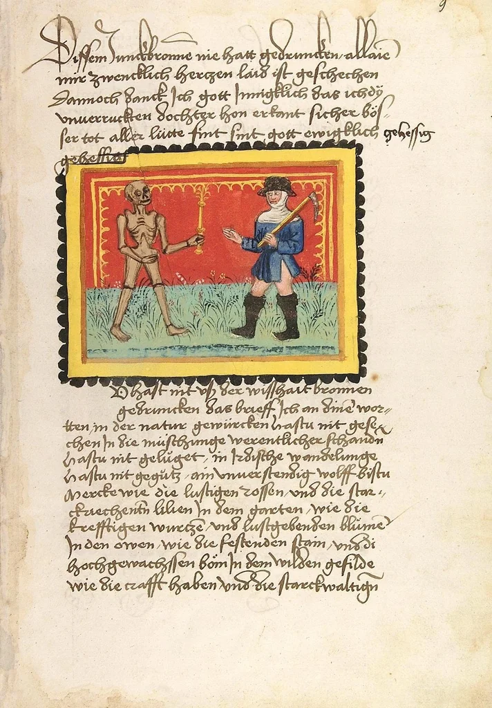 An illustration from Der Ackermann aus Böhmen, 1470, leaf 25
