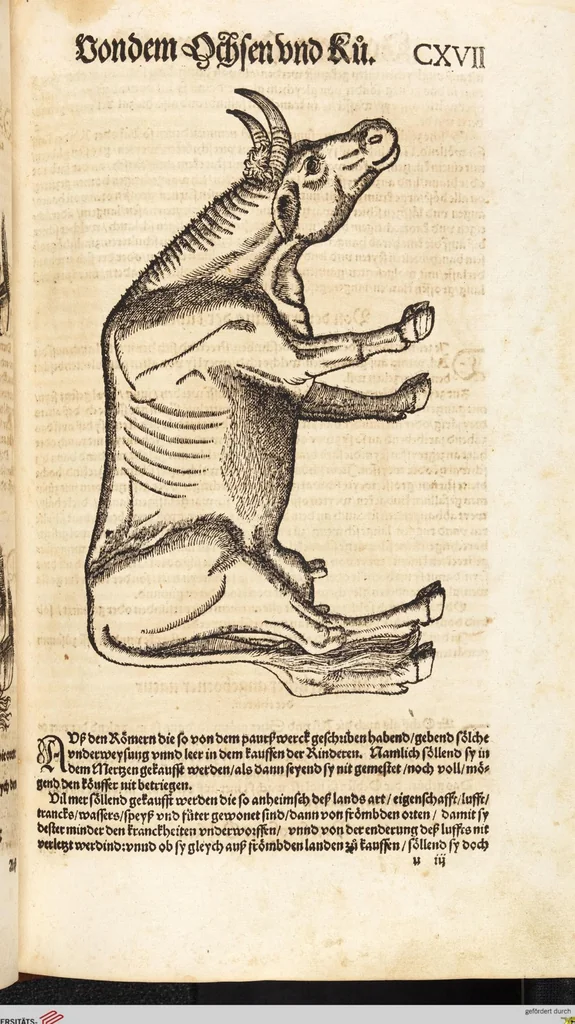 An illustration from Thierbuch Das ist ein kurtze beschreybung aller vierfüssigen Thieren/ so auff der erden vn[d] in wassern wonend/ sampt jrer waren conterfactur: alles zů nutz vn[d] gůtem allen liebhabern der künsten/ Artzeten/ Maleren/ Bildschnitzern/ Weydleüten vnd Köchen/ gestelt, 1583, leaf 249