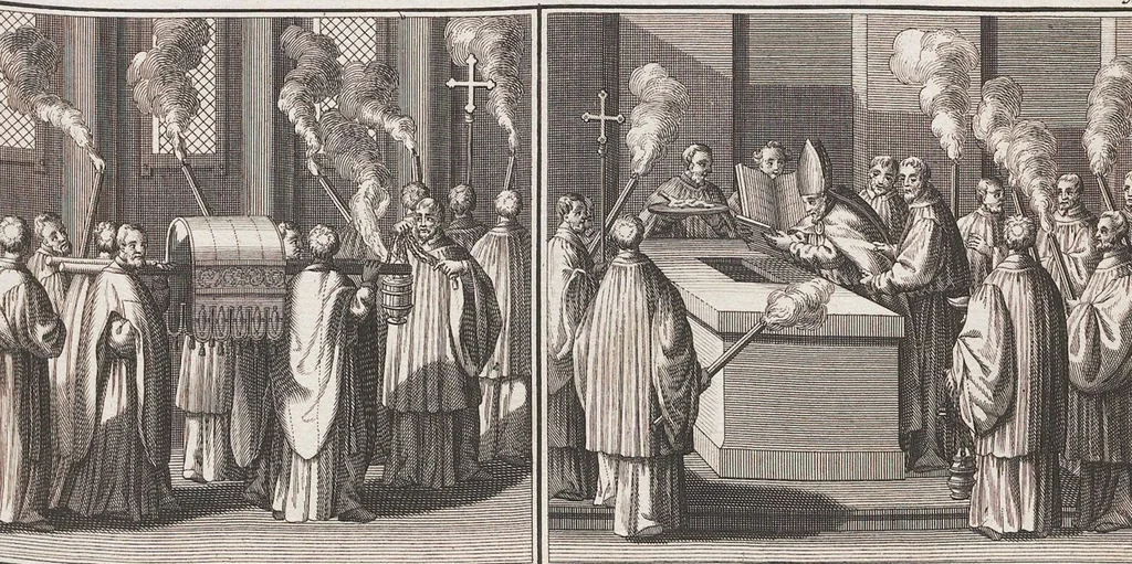 An illustration from Heilige Ceremonien, Gottes und Götzen-Dienste aller Völcker der Welt, Oder Eigentliche Vorstellung und summarischer Begriff, der vornehmsten Gottes-Dienstlichen Pflichten, Kirchen- und Tempel-Gebräuchen, der Christlich- und abgöttischen Völcker der gantzen Welt: Welche Nach des Berühmten Picarts Erfindung in Kupfer gestochen, und verlegt worden, 1748, leaf 100