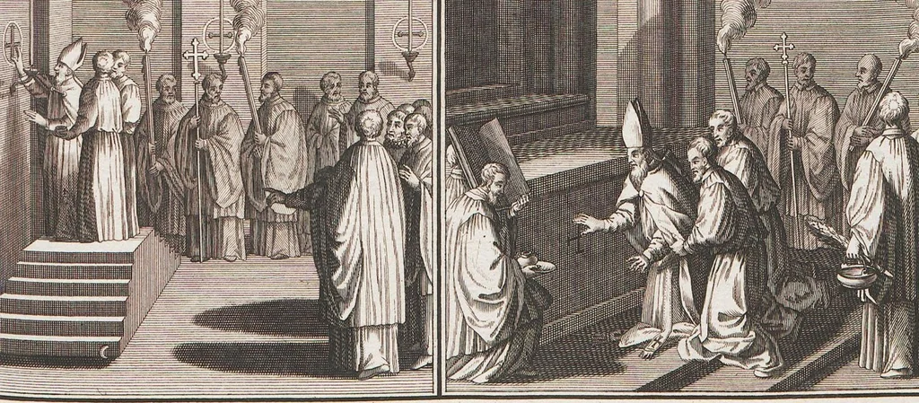 An illustration from Heilige Ceremonien, Gottes und Götzen-Dienste aller Völcker der Welt, Oder Eigentliche Vorstellung und summarischer Begriff, der vornehmsten Gottes-Dienstlichen Pflichten, Kirchen- und Tempel-Gebräuchen, der Christlich- und abgöttischen Völcker der gantzen Welt: Welche Nach des Berühmten Picarts Erfindung in Kupfer gestochen, und verlegt worden, 1748, leaf 101
