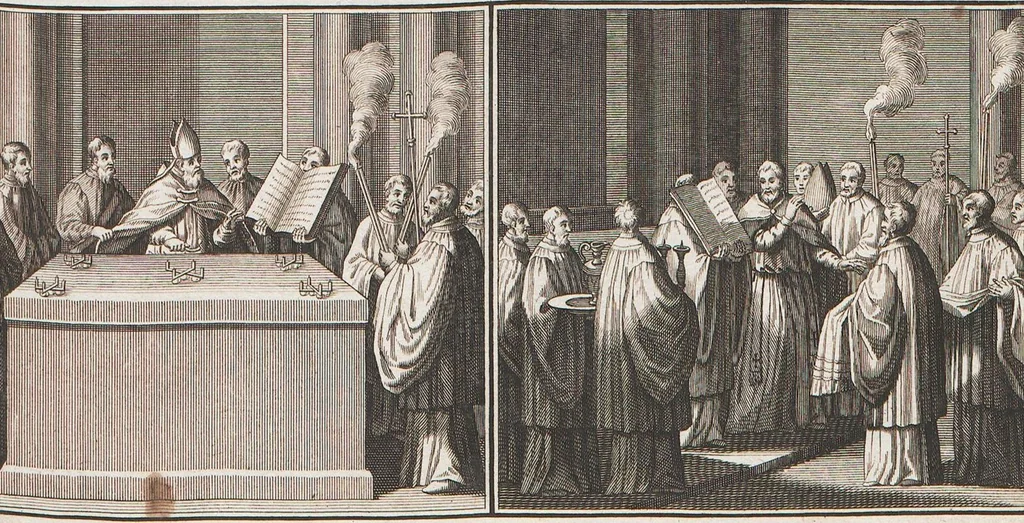 An illustration from Heilige Ceremonien, Gottes und Götzen-Dienste aller Völcker der Welt, Oder Eigentliche Vorstellung und summarischer Begriff, der vornehmsten Gottes-Dienstlichen Pflichten, Kirchen- und Tempel-Gebräuchen, der Christlich- und abgöttischen Völcker der gantzen Welt: Welche Nach des Berühmten Picarts Erfindung in Kupfer gestochen, und verlegt worden, 1748, leaf 101