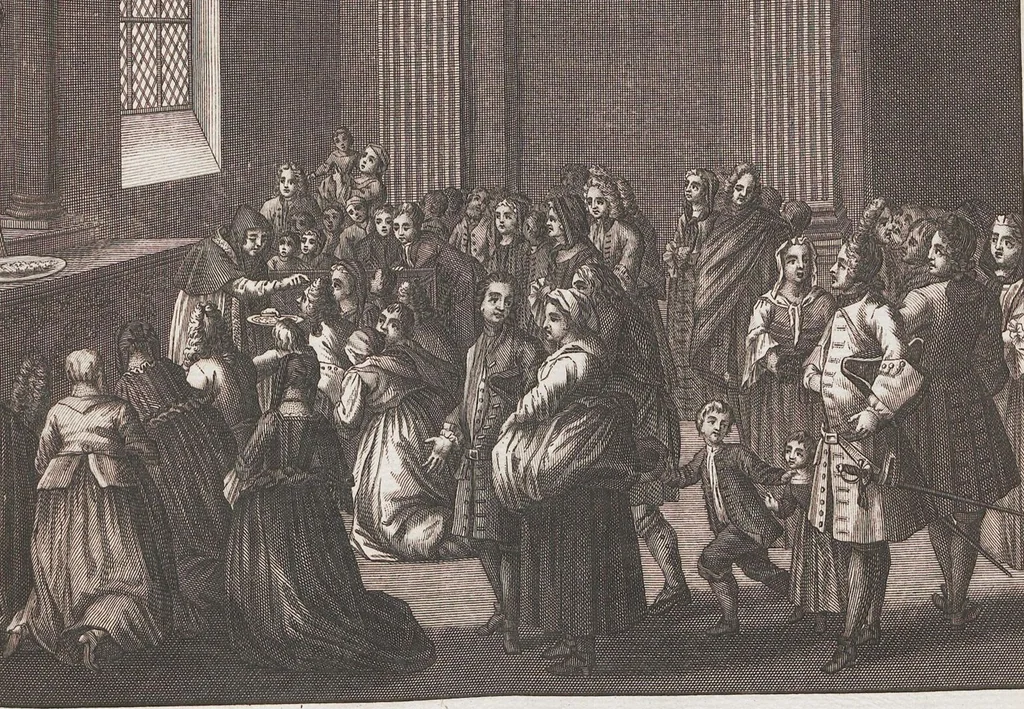 An illustration from Heilige Ceremonien, Gottes und Götzen-Dienste aller Völcker der Welt, Oder Eigentliche Vorstellung und summarischer Begriff, der vornehmsten Gottes-Dienstlichen Pflichten, Kirchen- und Tempel-Gebräuchen, der Christlich- und abgöttischen Völcker der gantzen Welt: Welche Nach des Berühmten Picarts Erfindung in Kupfer gestochen, und verlegt worden, 1748, leaf 109