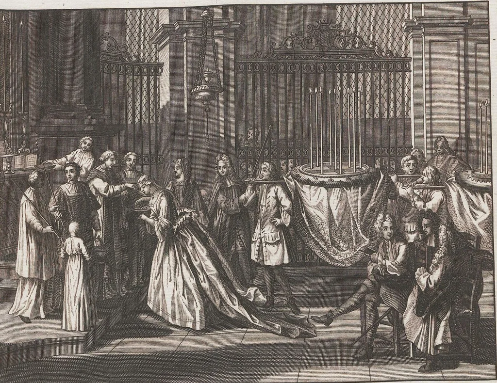 An illustration from Heilige Ceremonien, Gottes und Götzen-Dienste aller Völcker der Welt, Oder Eigentliche Vorstellung und summarischer Begriff, der vornehmsten Gottes-Dienstlichen Pflichten, Kirchen- und Tempel-Gebräuchen, der Christlich- und abgöttischen Völcker der gantzen Welt: Welche Nach des Berühmten Picarts Erfindung in Kupfer gestochen, und verlegt worden, 1748, leaf 109