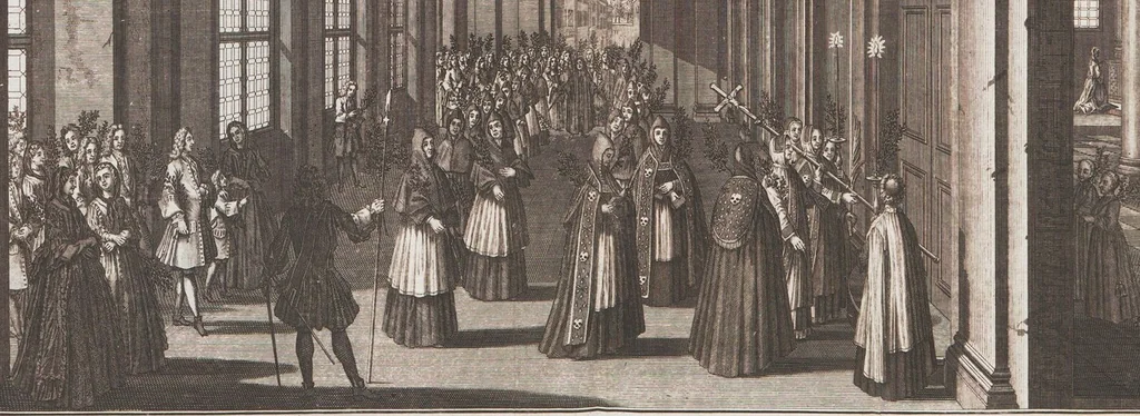 An illustration from Heilige Ceremonien, Gottes und Götzen-Dienste aller Völcker der Welt, Oder Eigentliche Vorstellung und summarischer Begriff, der vornehmsten Gottes-Dienstlichen Pflichten, Kirchen- und Tempel-Gebräuchen, der Christlich- und abgöttischen Völcker der gantzen Welt: Welche Nach des Berühmten Picarts Erfindung in Kupfer gestochen, und verlegt worden, 1748, leaf 110