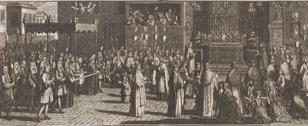 An illustration from Heilige Ceremonien, Gottes und Götzen-Dienste aller Völcker der Welt, Oder Eigentliche Vorstellung und summarischer Begriff, der vornehmsten Gottes-Dienstlichen Pflichten, Kirchen- und Tempel-Gebräuchen, der Christlich- und abgöttischen Völcker der gantzen Welt: Welche Nach des Berühmten Picarts Erfindung in Kupfer gestochen, und verlegt worden, 1748, leaf 110