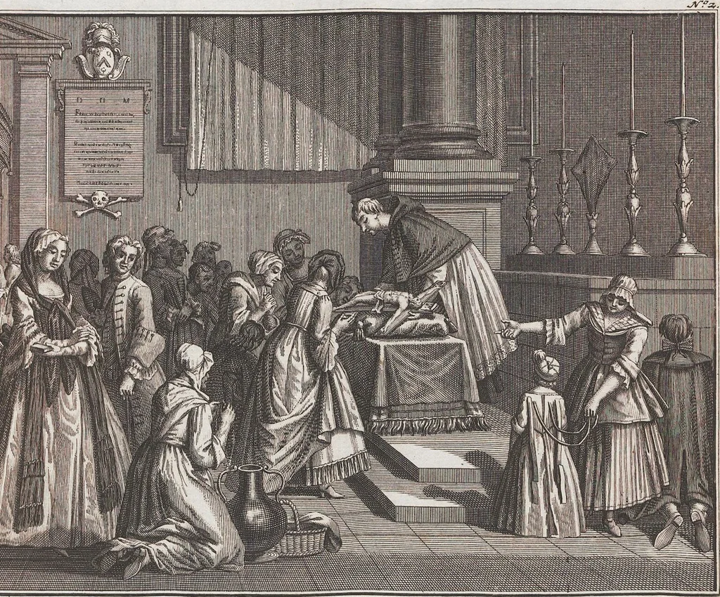 An illustration from Heilige Ceremonien, Gottes und Götzen-Dienste aller Völcker der Welt, Oder Eigentliche Vorstellung und summarischer Begriff, der vornehmsten Gottes-Dienstlichen Pflichten, Kirchen- und Tempel-Gebräuchen, der Christlich- und abgöttischen Völcker der gantzen Welt: Welche Nach des Berühmten Picarts Erfindung in Kupfer gestochen, und verlegt worden, 1748, leaf 111