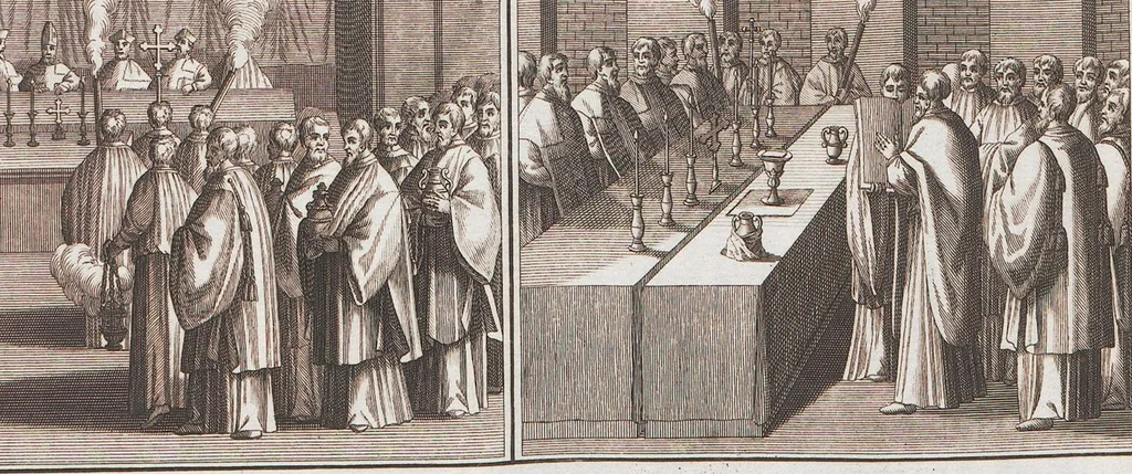 An illustration from Heilige Ceremonien, Gottes und Götzen-Dienste aller Völcker der Welt, Oder Eigentliche Vorstellung und summarischer Begriff, der vornehmsten Gottes-Dienstlichen Pflichten, Kirchen- und Tempel-Gebräuchen, der Christlich- und abgöttischen Völcker der gantzen Welt: Welche Nach des Berühmten Picarts Erfindung in Kupfer gestochen, und verlegt worden, 1748, leaf 112
