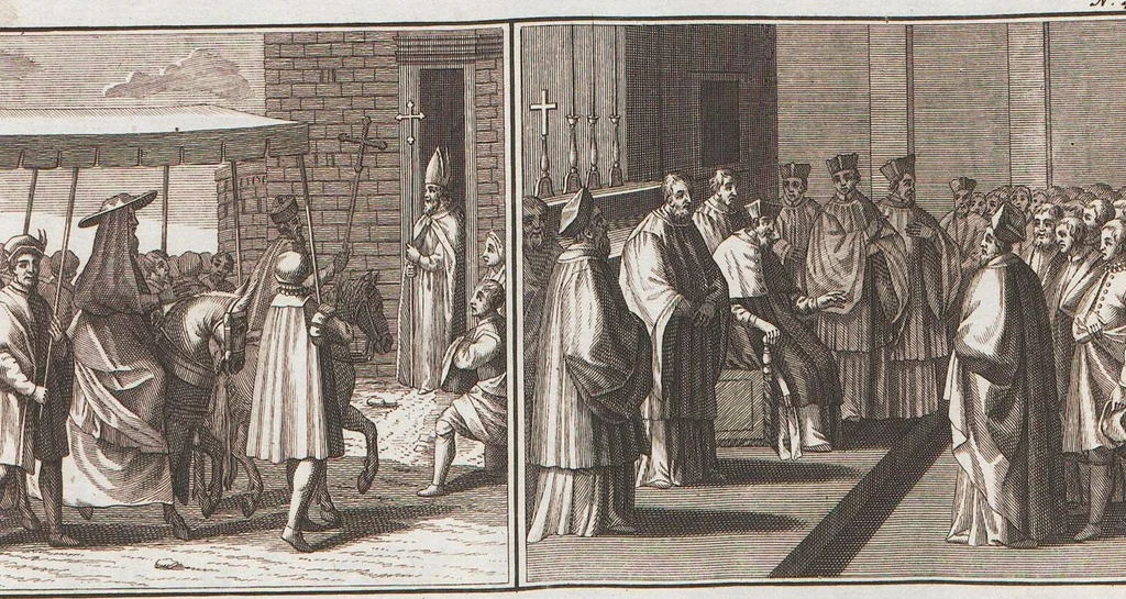 An illustration from Heilige Ceremonien, Gottes und Götzen-Dienste aller Völcker der Welt, Oder Eigentliche Vorstellung und summarischer Begriff, der vornehmsten Gottes-Dienstlichen Pflichten, Kirchen- und Tempel-Gebräuchen, der Christlich- und abgöttischen Völcker der gantzen Welt: Welche Nach des Berühmten Picarts Erfindung in Kupfer gestochen, und verlegt worden, 1748, leaf 112