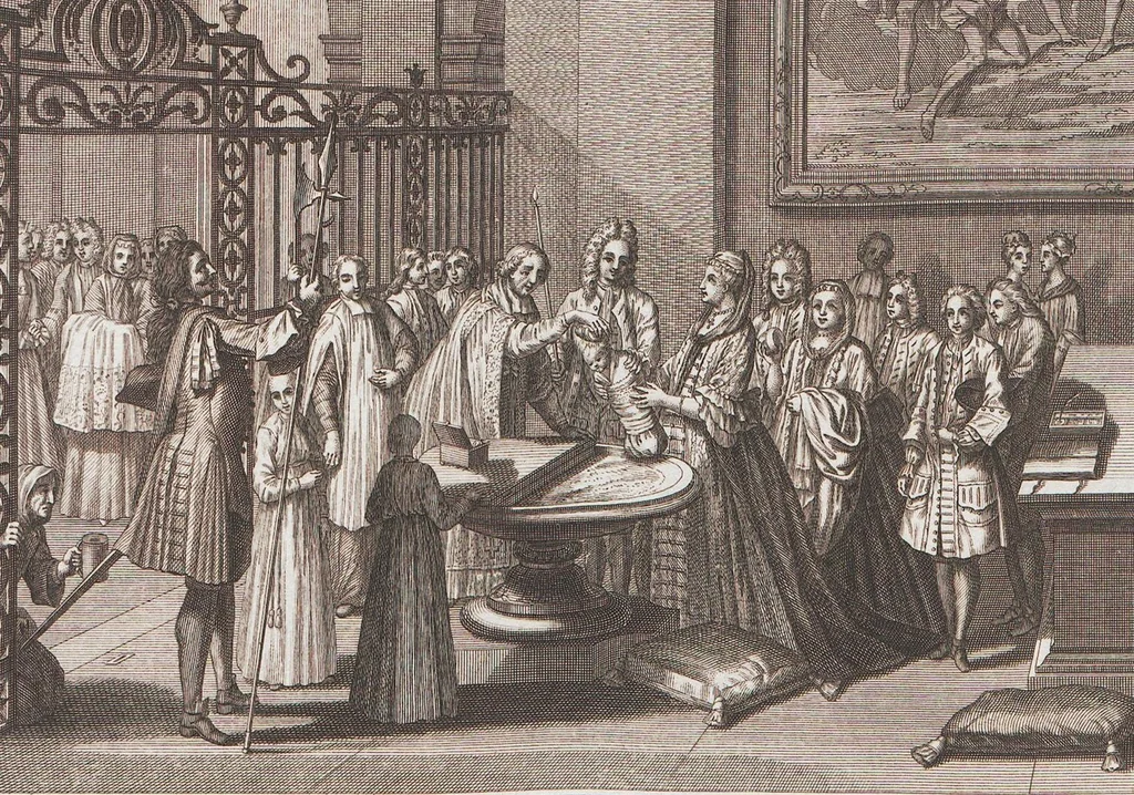 An illustration from Heilige Ceremonien, Gottes und Götzen-Dienste aller Völcker der Welt, Oder Eigentliche Vorstellung und summarischer Begriff, der vornehmsten Gottes-Dienstlichen Pflichten, Kirchen- und Tempel-Gebräuchen, der Christlich- und abgöttischen Völcker der gantzen Welt: Welche Nach des Berühmten Picarts Erfindung in Kupfer gestochen, und verlegt worden, 1748, leaf 114