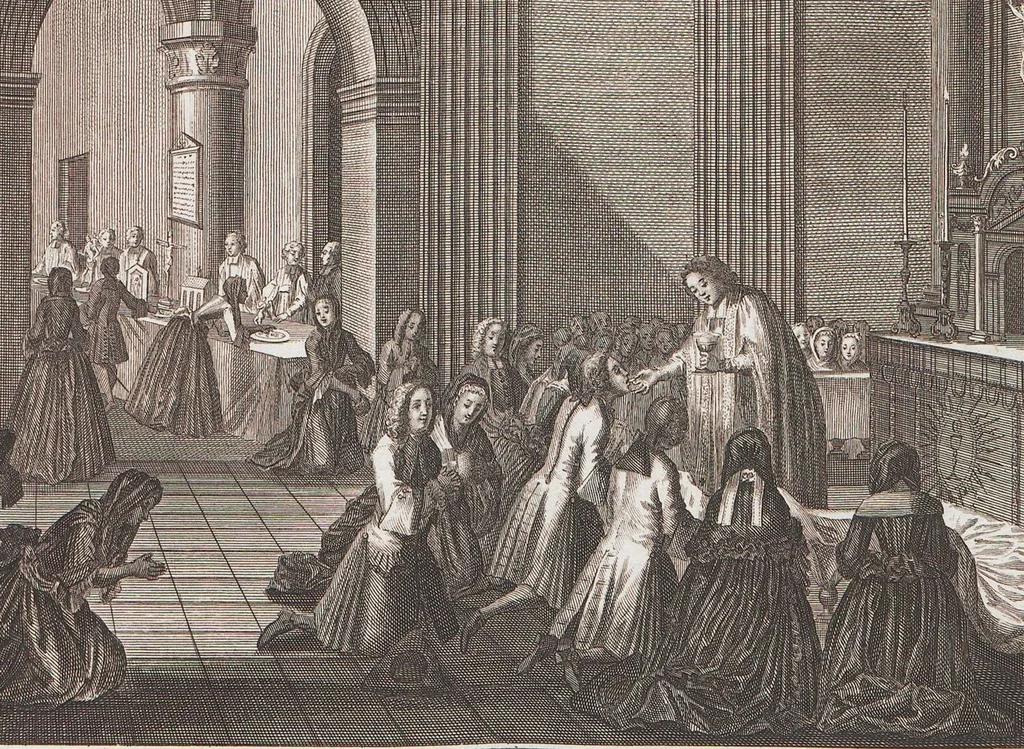 An illustration from Heilige Ceremonien, Gottes und Götzen-Dienste aller Völcker der Welt, Oder Eigentliche Vorstellung und summarischer Begriff, der vornehmsten Gottes-Dienstlichen Pflichten, Kirchen- und Tempel-Gebräuchen, der Christlich- und abgöttischen Völcker der gantzen Welt: Welche Nach des Berühmten Picarts Erfindung in Kupfer gestochen, und verlegt worden, 1748, leaf 116