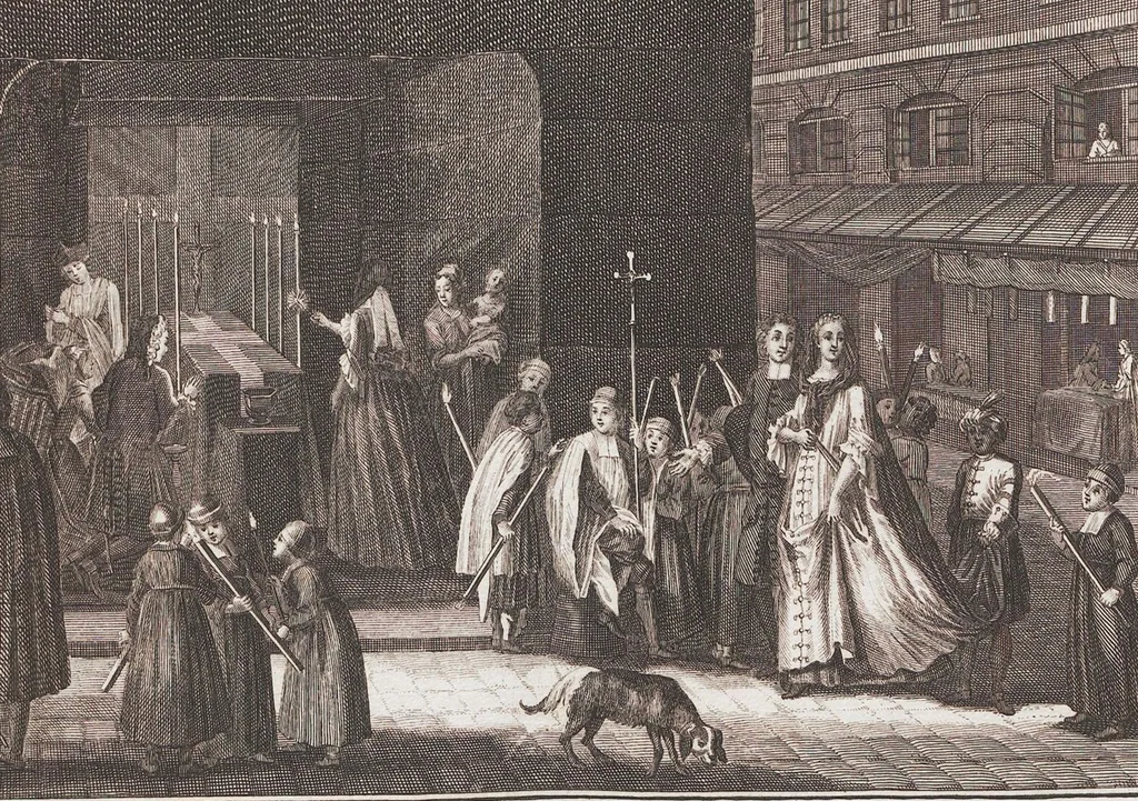 An illustration from Heilige Ceremonien, Gottes und Götzen-Dienste aller Völcker der Welt, Oder Eigentliche Vorstellung und summarischer Begriff, der vornehmsten Gottes-Dienstlichen Pflichten, Kirchen- und Tempel-Gebräuchen, der Christlich- und abgöttischen Völcker der gantzen Welt: Welche Nach des Berühmten Picarts Erfindung in Kupfer gestochen, und verlegt worden, 1748, leaf 120