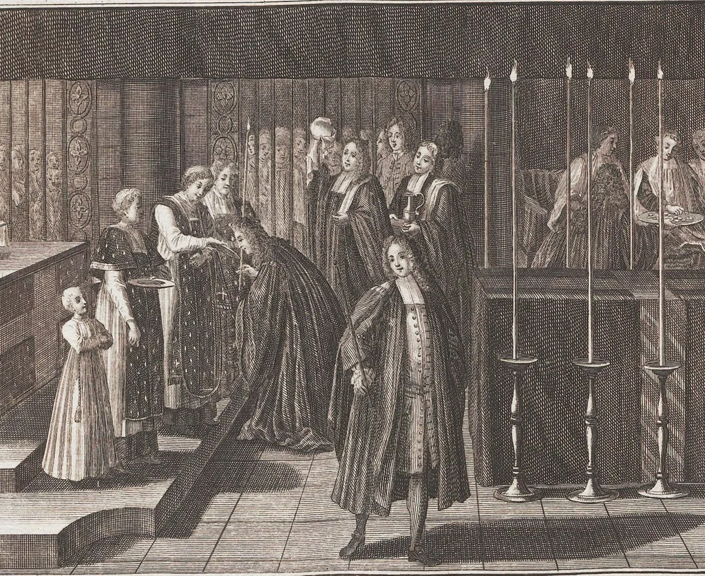An illustration from Heilige Ceremonien, Gottes und Götzen-Dienste aller Völcker der Welt, Oder Eigentliche Vorstellung und summarischer Begriff, der vornehmsten Gottes-Dienstlichen Pflichten, Kirchen- und Tempel-Gebräuchen, der Christlich- und abgöttischen Völcker der gantzen Welt: Welche Nach des Berühmten Picarts Erfindung in Kupfer gestochen, und verlegt worden, 1748, leaf 120
