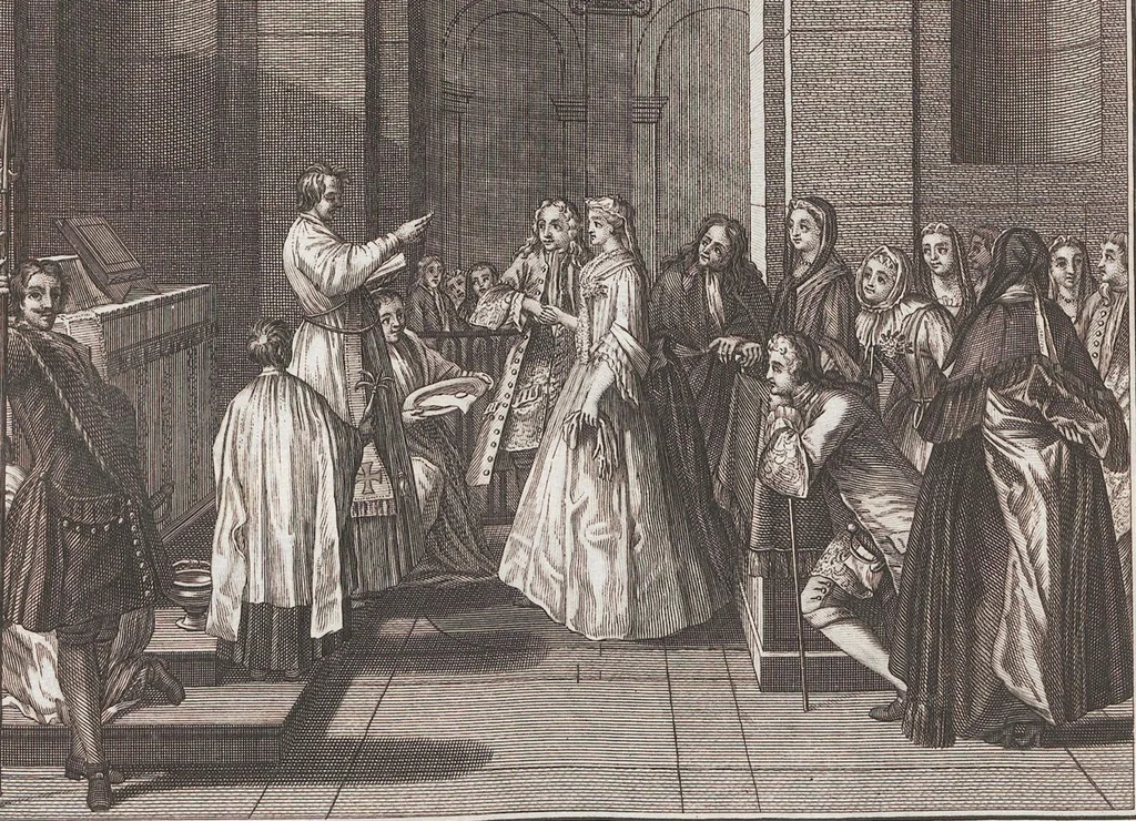 An illustration from Heilige Ceremonien, Gottes und Götzen-Dienste aller Völcker der Welt, Oder Eigentliche Vorstellung und summarischer Begriff, der vornehmsten Gottes-Dienstlichen Pflichten, Kirchen- und Tempel-Gebräuchen, der Christlich- und abgöttischen Völcker der gantzen Welt: Welche Nach des Berühmten Picarts Erfindung in Kupfer gestochen, und verlegt worden, 1748, leaf 122