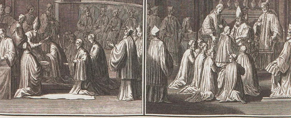 An illustration from Heilige Ceremonien, Gottes und Götzen-Dienste aller Völcker der Welt, Oder Eigentliche Vorstellung und summarischer Begriff, der vornehmsten Gottes-Dienstlichen Pflichten, Kirchen- und Tempel-Gebräuchen, der Christlich- und abgöttischen Völcker der gantzen Welt: Welche Nach des Berühmten Picarts Erfindung in Kupfer gestochen, und verlegt worden, 1748, leaf 123