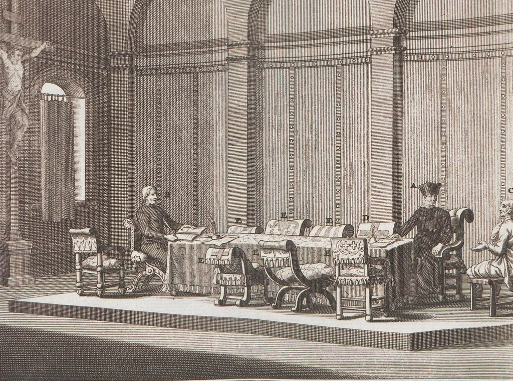 An illustration from Heilige Ceremonien, Gottes und Götzen-Dienste aller Völcker der Welt, Oder Eigentliche Vorstellung und summarischer Begriff, der vornehmsten Gottes-Dienstlichen Pflichten, Kirchen- und Tempel-Gebräuchen, der Christlich- und abgöttischen Völcker der gantzen Welt: Welche Nach des Berühmten Picarts Erfindung in Kupfer gestochen, und verlegt worden, 1748, leaf 130