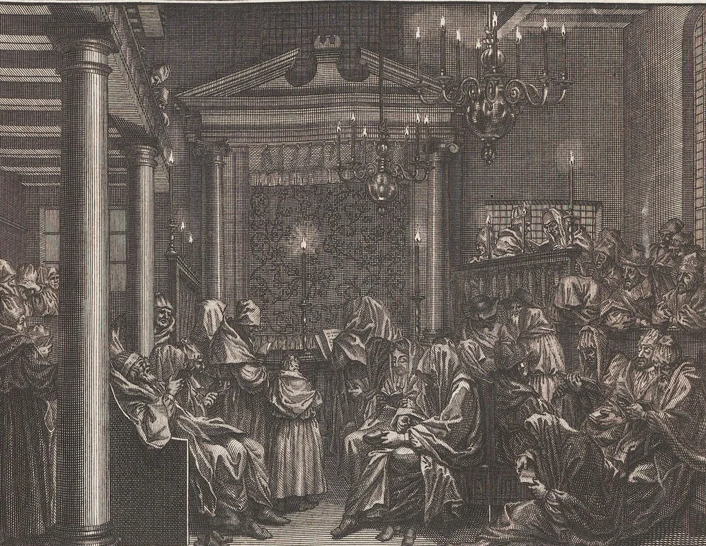 An illustration from Heilige Ceremonien, Gottes und Götzen-Dienste aller Völcker der Welt, Oder Eigentliche Vorstellung und summarischer Begriff, der vornehmsten Gottes-Dienstlichen Pflichten, Kirchen- und Tempel-Gebräuchen, der Christlich- und abgöttischen Völcker der gantzen Welt: Welche Nach des Berühmten Picarts Erfindung in Kupfer gestochen, und verlegt worden, 1748, leaf 140