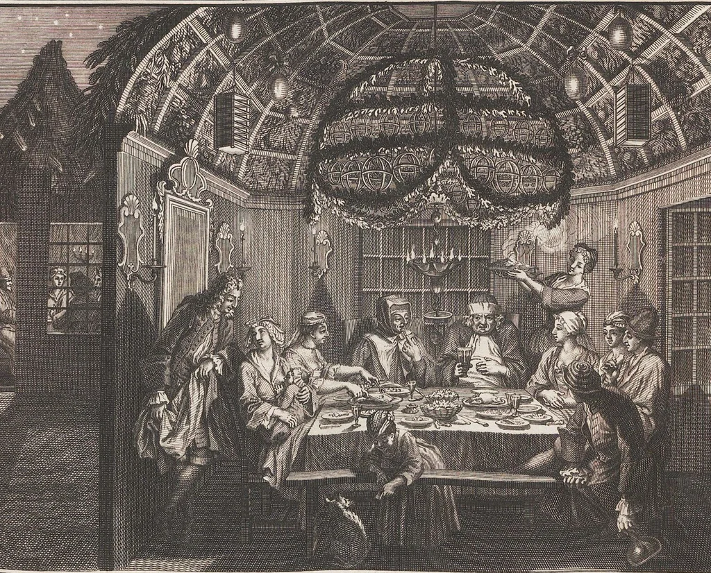 An illustration from Heilige Ceremonien, Gottes und Götzen-Dienste aller Völcker der Welt, Oder Eigentliche Vorstellung und summarischer Begriff, der vornehmsten Gottes-Dienstlichen Pflichten, Kirchen- und Tempel-Gebräuchen, der Christlich- und abgöttischen Völcker der gantzen Welt: Welche Nach des Berühmten Picarts Erfindung in Kupfer gestochen, und verlegt worden, 1748, leaf 142