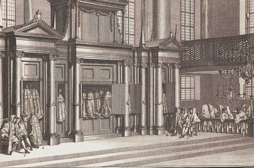 An illustration from Heilige Ceremonien, Gottes und Götzen-Dienste aller Völcker der Welt, Oder Eigentliche Vorstellung und summarischer Begriff, der vornehmsten Gottes-Dienstlichen Pflichten, Kirchen- und Tempel-Gebräuchen, der Christlich- und abgöttischen Völcker der gantzen Welt: Welche Nach des Berühmten Picarts Erfindung in Kupfer gestochen, und verlegt worden, 1748, leaf 143