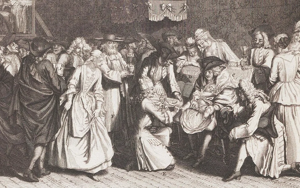 An illustration from Heilige Ceremonien, Gottes und Götzen-Dienste aller Völcker der Welt, Oder Eigentliche Vorstellung und summarischer Begriff, der vornehmsten Gottes-Dienstlichen Pflichten, Kirchen- und Tempel-Gebräuchen, der Christlich- und abgöttischen Völcker der gantzen Welt: Welche Nach des Berühmten Picarts Erfindung in Kupfer gestochen, und verlegt worden, 1748, leaf 145