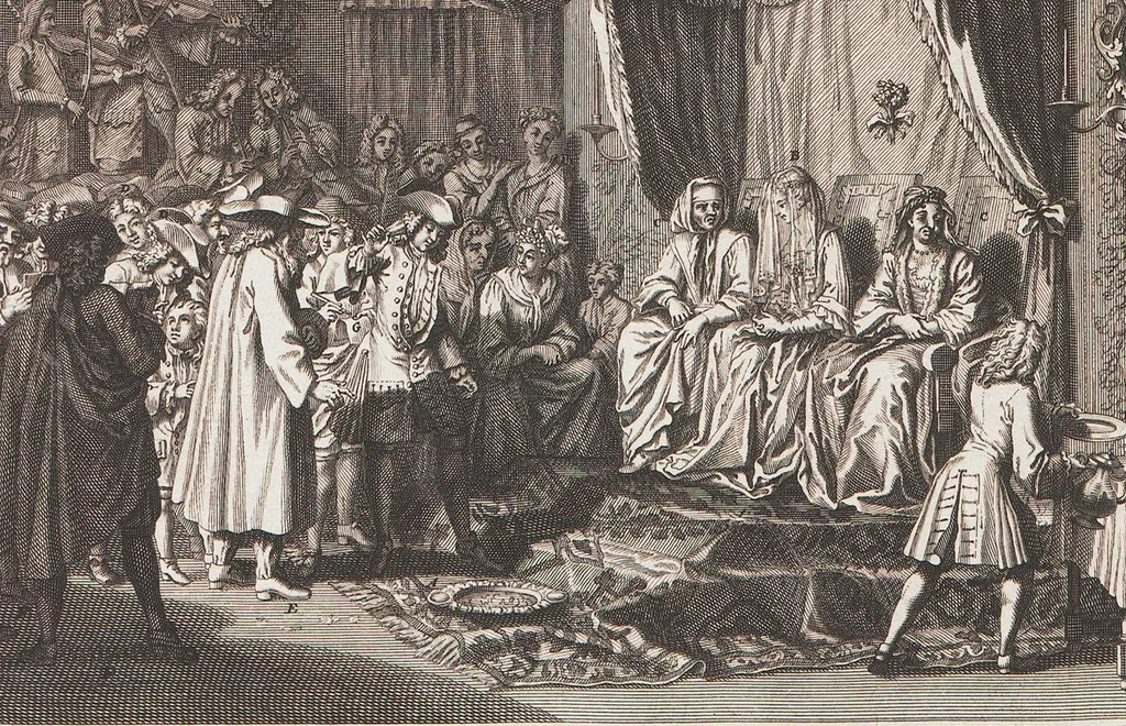 An illustration from Heilige Ceremonien, Gottes und Götzen-Dienste aller Völcker der Welt, Oder Eigentliche Vorstellung und summarischer Begriff, der vornehmsten Gottes-Dienstlichen Pflichten, Kirchen- und Tempel-Gebräuchen, der Christlich- und abgöttischen Völcker der gantzen Welt: Welche Nach des Berühmten Picarts Erfindung in Kupfer gestochen, und verlegt worden, 1748, leaf 146
