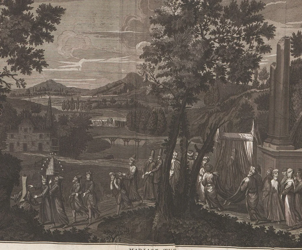 An illustration from Heilige Ceremonien, Gottes und Götzen-Dienste aller Völcker der Welt, Oder Eigentliche Vorstellung und summarischer Begriff, der vornehmsten Gottes-Dienstlichen Pflichten, Kirchen- und Tempel-Gebräuchen, der Christlich- und abgöttischen Völcker der gantzen Welt: Welche Nach des Berühmten Picarts Erfindung in Kupfer gestochen, und verlegt worden, 1748, leaf 153