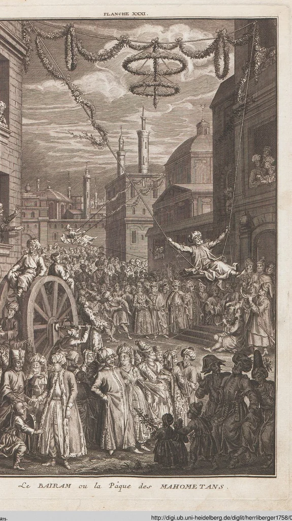 An illustration from Heilige Ceremonien, Gottes und Götzen-Dienste aller Völcker der Welt, Oder Eigentliche Vorstellung und summarischer Begriff, der vornehmsten Gottes-Dienstlichen Pflichten, Kirchen- und Tempel-Gebräuchen, der Christlich- und abgöttischen Völcker der gantzen Welt: Welche Nach des Berühmten Picarts Erfindung in Kupfer gestochen, und verlegt worden, 1748, leaf 166